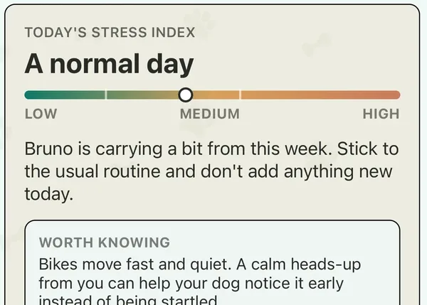 The daily stress index in CalmDogs, showing a reading for the day ahead and a note that the dog is carrying stress from earlier in the week.