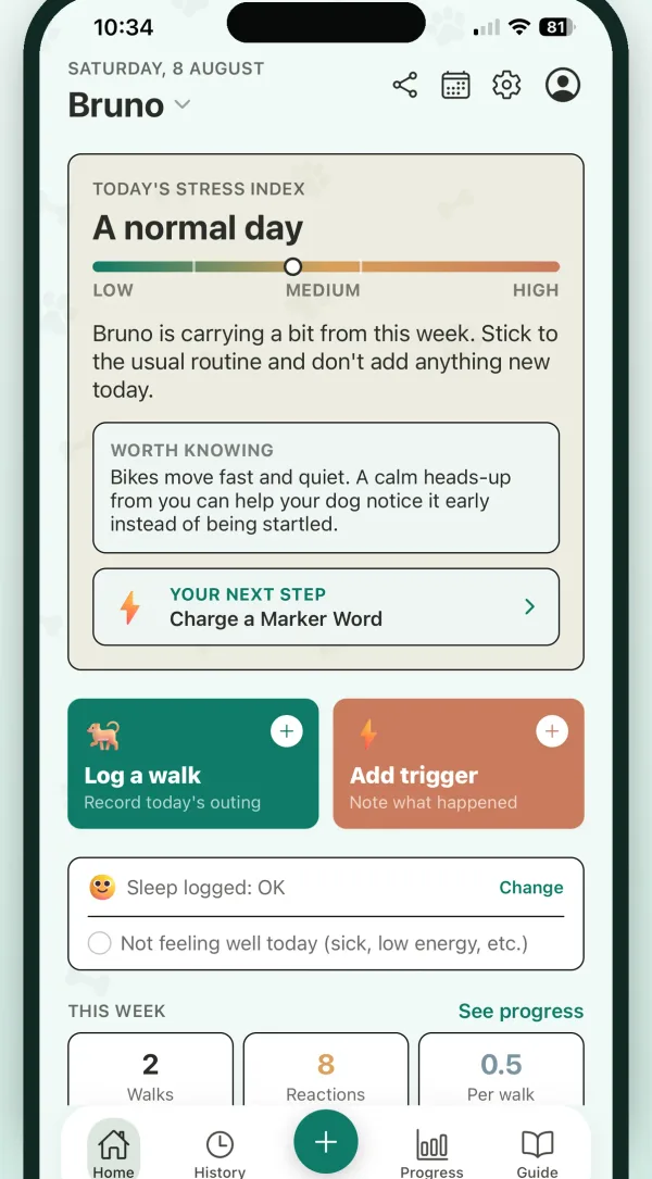 The CalmDogs home screen showing today's stress index reading and a note that the dog is carrying stress from earlier in the week.
