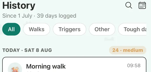 The CalmDogs history screen showing how many days have been logged and since when, with the day's entries filtered by walks, triggers and tough days.