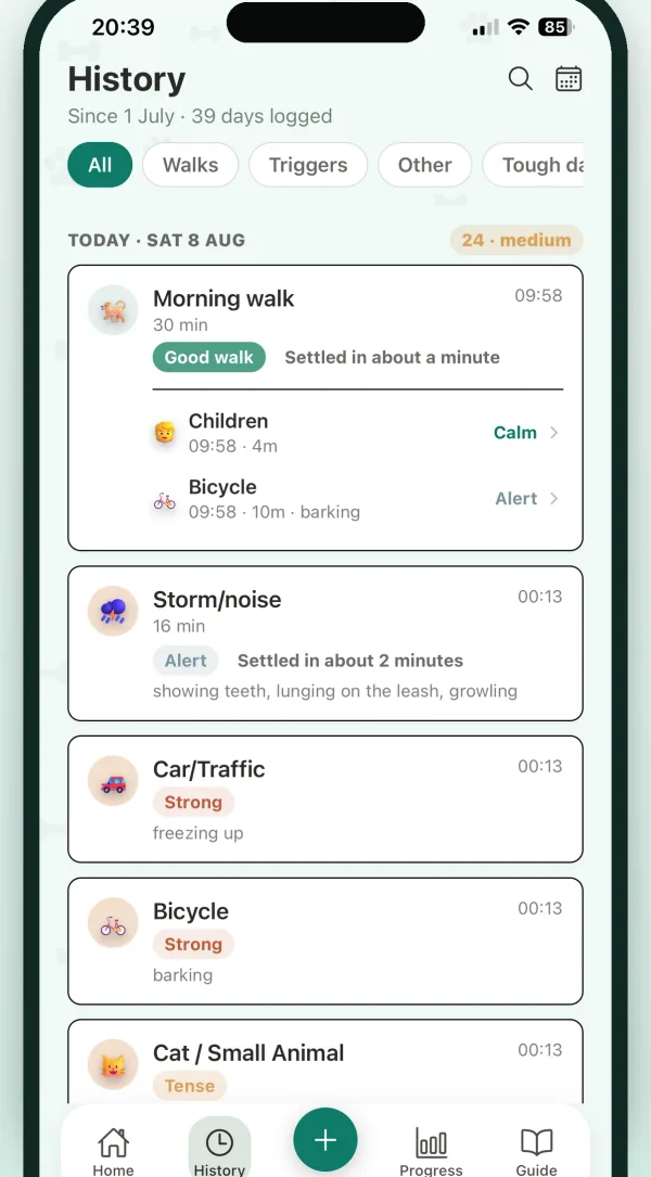 The CalmDogs history screen showing a day of logged triggers — children, a bicycle, a storm, traffic — with what the dog did and how long each one took to settle.